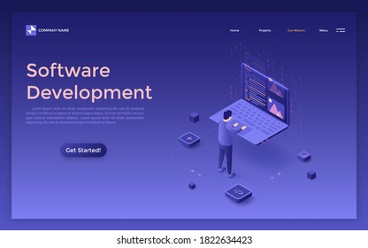 Plantilla de página de inicio con programador que trabaja en equipo portátil. Concepto de desarrollo de software front-end y back-end, programación, tecnología de la información. Ilustración vectorial isométrica moderna.