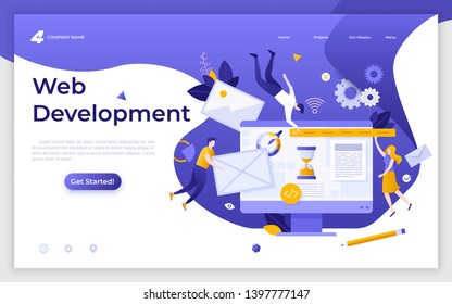 Landing page template with programmers, coders or developers levitating around computer. Web development, website developing, program coding. Modern flat vector illustration for service advertisement.