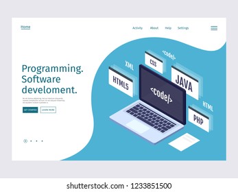 Landing page template programming, coding and software concept. Laptop with virtual screens and programs code. Vector 3d isometric illustration.