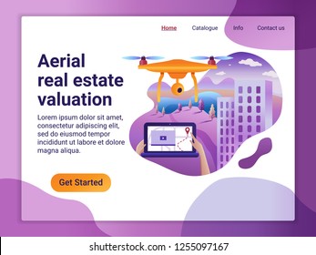 Landing page template of Project with the Aerial Real Estate Valuation. The Flat design concept of web page design for a mobile website. Drone fly over the landscape and make a  mapping, video and etc