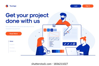 Landing page template of Project Development. Team of young people working together in modern workspace. Modern flat design concept of web page design for website and mobile website. Vector