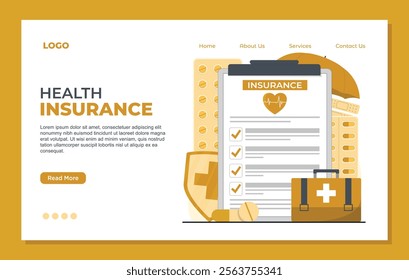 Landing page template promoting health insurance, featuring a medical checklist, first aid kit, and healthcare symbols, emphasizing medical coverage and security