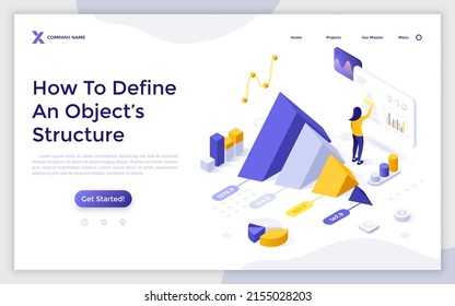 Landing Page Template With Pyramid Diagram And Woman Monitoring Indicators. Concept Of Structural Analysis, Study Of Object Structure And Components. Modern Isometric Vector Illustration For Website.