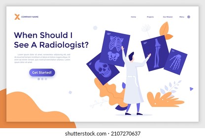 Landing page template with radiologist, radiographer, physician looking at skeletal system X-rays. Concept of radiology, radiography, radiologic diagnostics, medical imaging. Flat vector illustration.