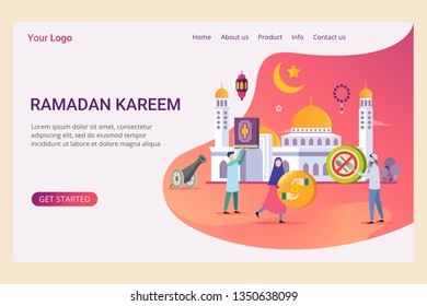 Landing page template ramadan kareem with small people and muslim
activity symbol