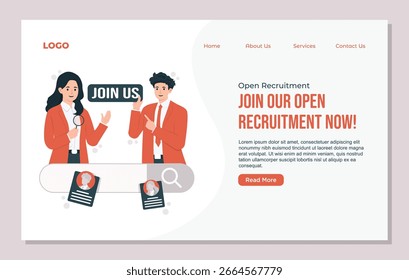 Landing page template of Recruitment Vector Flat Concept Illustration join us for Hiring Process, Job Search, and Candidate Evaluation in Business and Employment