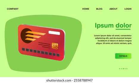 Landing page template with red credit card. Credit card as symbol of alternative method of payment or banking vector illustration. Banking, shopping, payment, finances concept