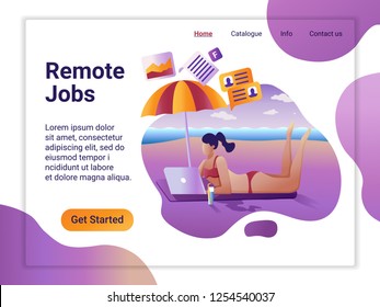 Landing page template of Remote worker. The Flat design concept of web page design for a mobile website. Young girl remotely working at laptop lying on the beach. Vector illustration.