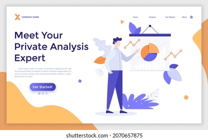 Landing page template with researcher or analyst demonstrating pie chart and analyzing data. Concept of private business or statistical analysis expert. Modern flat vector illustration for website.