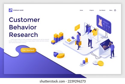 Landing page template with researcher looking at dashboard connected to store with people buying clothes. Concept of studying customer behavior, habits and experience. Isometric vector illustration.