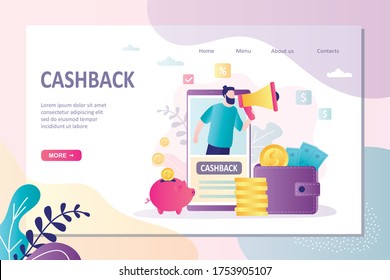 Сashback landing page template. Reward, loyalty program. Smartphone, bank clerk with loud speaker, internet marketing technology. Piggy bank, wallet with money and coins. Flat vector illustration