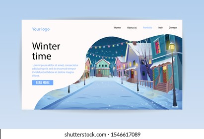  Landing page template. Road over the street with lanterns and a garland. Vector illustration of winter city street in cartoon style.