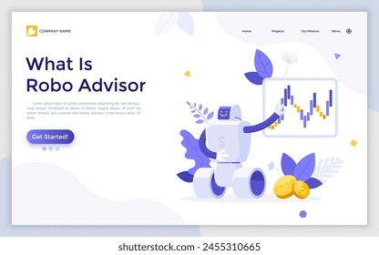 Landing page template with Robot, dollar coins and chart. Robotic financial consulting service, automated stock market guide, AI for money investment. Modern flat colorful vector illustration