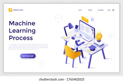 Landing page template with robot sitting at desk with computer and studying. Concept of machine learning process, robotics, cybernetics, artificial intelligence. Modern isometric vector illustration.