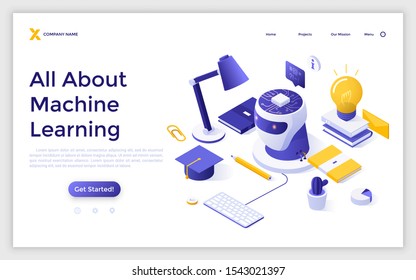 Landing page template with robot's head, books, graduation cap, lamp on desk. Concept of artificial intelligence, machine learning, information technology in education. Isometric vector illustration.