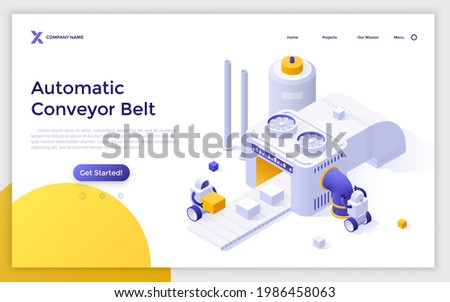 Landing page template with robots putting boxes on conveyor belt. Concept of automatic manufacturing process, technology for automation of production. Modern isometric vector illustration for website.