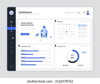 Landing page template with rocket, calendar, pie chart and bar graph. Concept of dashboard for comparison of startup indicators, project launch tracking. Modern flat vector illustration for website.