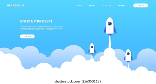 Landing page template with rockets clouds and sky for startup project business 