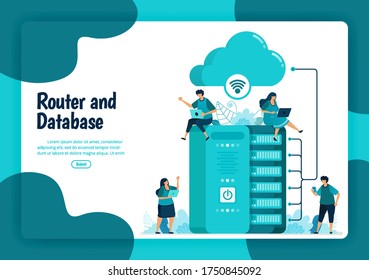 Landing page template of router and database service. Wifi network and infrastructure for internet connection and safe access. Illustration of landing page, website, mobile apps, poster, flyer