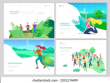 Landing page template with running group People, girl doing yoga workout, woman run. Healty life concept. People performing sports outdoor activities at park or Nature. Cartoon illustration