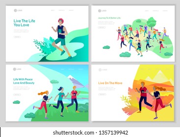 Landing page template with running group People, man doing workout, couple running on sunset. Healty life concept. People performing sports outdoor activities. Cartoon illustration
