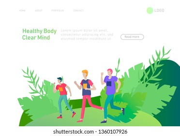 Landing page template with running group People, man doing workout, couple running. Healty life concept. People performing sports outdoor activities. Cartoon illustration