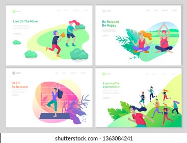 Landing page template with running group People, man and woman doing yoga workout,children play ball. Healty life concept. People sports outdoor activities at park. Cartoon illustration