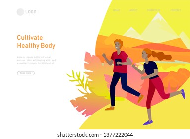 Landing page template with running group People, man doing workout, couple running on sunset. Healty life concept. People performing sports outdoor activities. Cartoon illustration