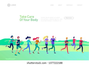 Landing page template with running group People, man doing workout, couple running. Healty life concept. People performing sports outdoor activities. Cartoon illustration