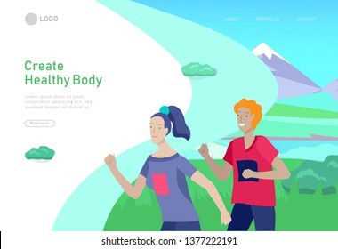 Landing page template with running group People, man doing workout, couple running. Healty life concept. People performing sports outdoor activities. Cartoon illustration