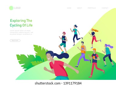 Landing page template with running group People, man doing workout, couple running. Healty life concept. People performing sports outdoor activities. Cartoon illustration