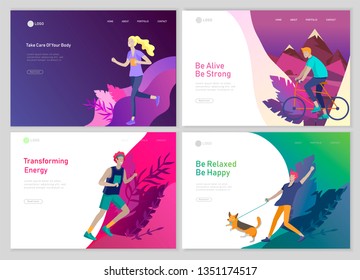 Landing page template with running man and woman, riding bicycles, man walking dog. People performing sports outdoor activities concept at park or Nature, healty life style. Cartoon illustration