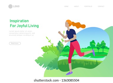 Landing page template with running People, woman doing running workout . Healty life concept. People performing sports outdoor activities. Cartoon illustration