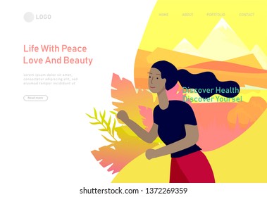 Landing page template with running People, woman doing running workout on sunset. Healty life concept. People performing sports outdoor activities. Cartoon illustration