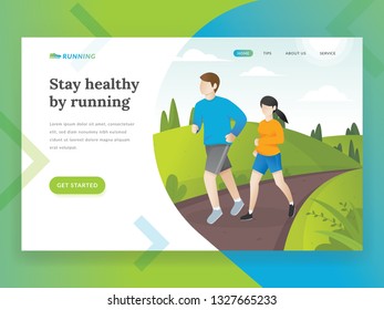 Landing page template of Running. Runner running in the park. Flat style illustration vector sport for healthy life homepage template, hero image landing page. Young man and woman jogging - Vector