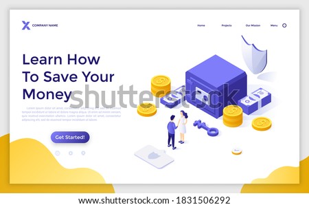 Landing page template with safe, key, people shaking hands, banknotes and coins. Concept of secure money saving, protected deposit account at bank. Modern isometric vector illustration for website.