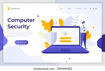 Landing page template with safeguard standing at laptop with access screen. Concept of computer security, protection of personal information, firewall program. Flat vector illustration for website.