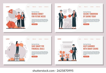 Conjunto de ilustración del concepto de ahorro de dinero con Elementos de planificación de la jubilación, Plantilla bancaria y crecimiento financiero