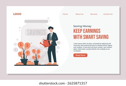 Landing page template Saving money concept illustration featuring retirement planning, banking, and financial growth elements