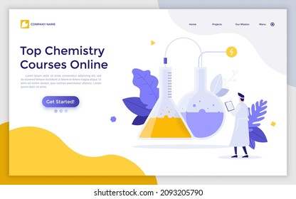 Landing page template with scientist or chemist looking at liquid boiling in flask. Concept of online chemistry courses, biochemistry internet lessons. Modern flat vector illustration for webpage.