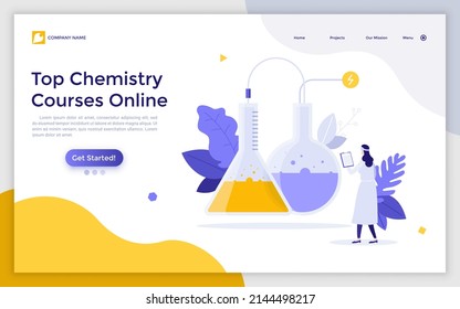 Landing page template with scientist or chemist looking at liquid boiling in flask. Concept of online chemistry courses, biochemistry internet lessons. Modern flat vector illustration for webpage.