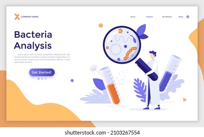 Landing page template with scientist in lab coat looking at microscopic organisms through magnifying glass. Concept of bacteria analysis, microbiology research, bacteriology. Flat vector illustration.