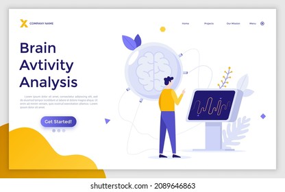 Landing page template with scientist or neurologist analyzing brain or neural activity. Concept of electroencephalography or EEG, neurology, nervous system research. Modern flat vector illustration.