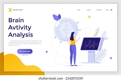 Landing page template with scientist or neurologist analyzing brain or neural activity. Concept of electroencephalography or EEG, neurology, nervous system research. Modern flat vector illustration.
