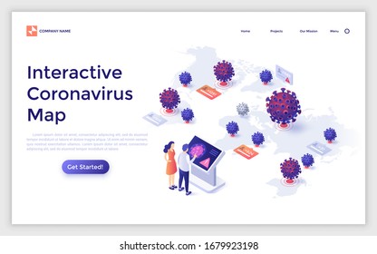 Landing page template with scientists or lab researchers standing at control panel and COVID-19 virions. Concept of interactive Coronavirus spread map. Isometric vector illustration for website.