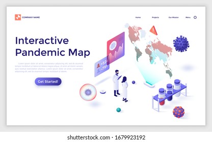 Landing page template with scientists or laboratory researchers monitoring spread of COVID-19 virus. Concept of interactive Coronavirus pandemic map. Modern isometric vector illustration for website.