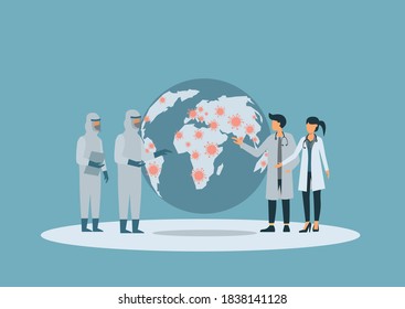 Landing page template with scientists or laboratory researchers monitoring spread of COVID-19 virus. Concept of interactive Coronavirus pandemic map.