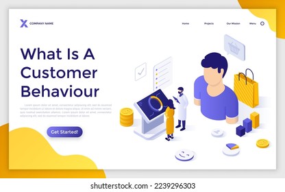 Landing page template with scientists looking at chart, shopping bag, dollar coins. Concept of statistical research of customer or consumer behavior. Modern isometric vector illustration for website.