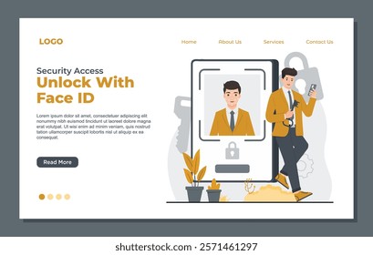 Landing page template secure access facial recognition technology security face id unlock phone