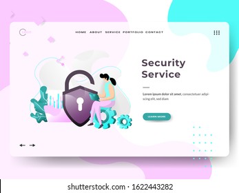 Landing page template of Security Service. woman sitting on the gear while using a tablet. Modern flat design concept of web page design for websites and mobile websites. Vector illustration